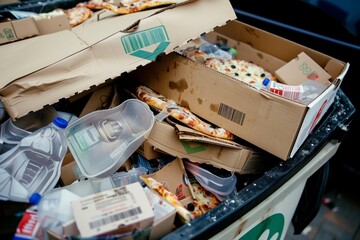 Overflowing dumpster with pizza boxes, plastic containers, and various food packaging, indicating food waste and environmental pollution.