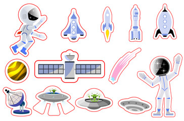 Space collection. Space stickers with astronauts on a white background. Space adventure. Children's adventures at a space party.