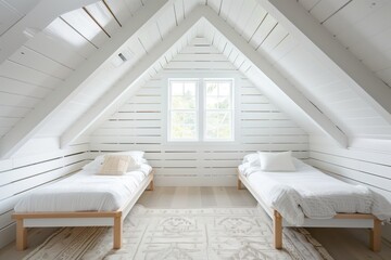 Minimalist attic bedroom with two single wooden beds and a large window with natural light. The room features a clean, white design with wooden accents and a patterned rug.