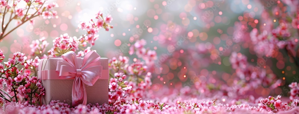 Poster Gift box with pink sakura flowers on bokeh background