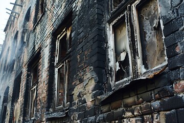 Close-up of a charred and damaged brick building facade with broken windows, aftermath of a fire disaster.