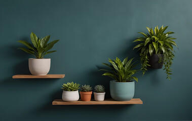Fototapeta premium serene and minimalist setting with a wooden shelf against a plain, teal-colored wall, four potted plants with lush green leaves on the shelf