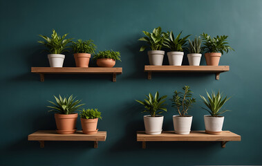 Fototapeta premium serene and minimalist setting with a wooden shelf against a plain, teal-colored wall, four potted plants with lush green leaves on the shelf