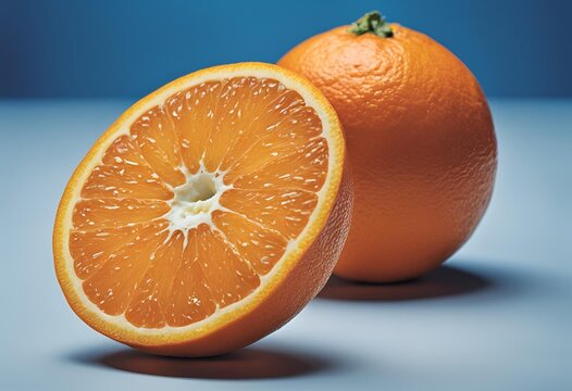 Naranja picada y jugosa sobre un fondo de color azul