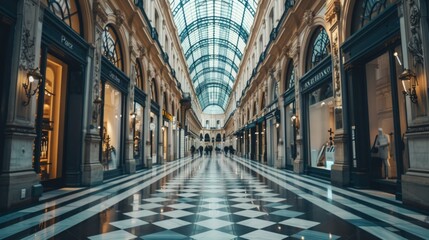 A shopping mall with a checkered floor, showcasing various stores and shoppers moving about.