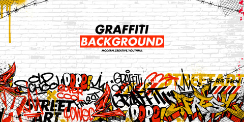 Graffiti background with throw-up and tagging hand-drawn style. Street art graffiti urban theme in vector format.