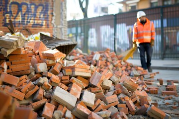 Pile of broken bricks at a construction site with a worker in a reflective vest and helmet in the...