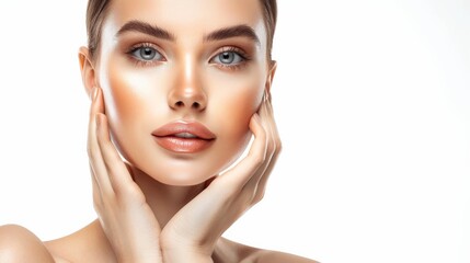 Fototapeta premium Stunning Woman with Perfect Skin Touching Face
