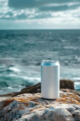 Blank Aluminum Can on Rocky Shore Overlooking Ocean