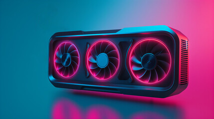 Close-up picture of high-end computer graphics card against stylish lighting background