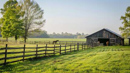 Peaceful Horse Stable Scene on Farm with Wooden Fences  