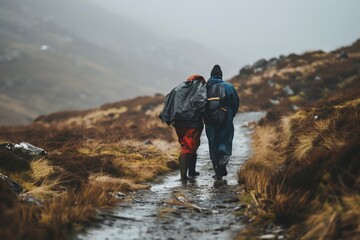 Two hikers in rain gear walking along a muddy, mountainous trail, surrounded by rugged terrain and misty weather.