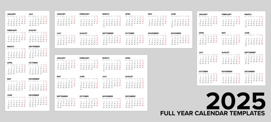Four different layouts of full 2025 calendar templates