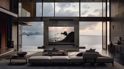 Fototapeta premium a living room with an oversized TV mounted on the wall, framed by large windows offering breathtaking sea views, while a cozy sofa and coffee table set the scene for a warm and inviting atmosphere.