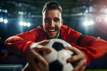 Cheerful soccer player in red jersey holding a soccer ball on a brightly lit stadium field,...