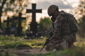 Soldier Kneeling at Fallen Comrade's Grave Memorial