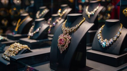 A video showcasing various pieces of jewelry on display in a jewelry store, including necklaces, rings, bracelets, and earrings.