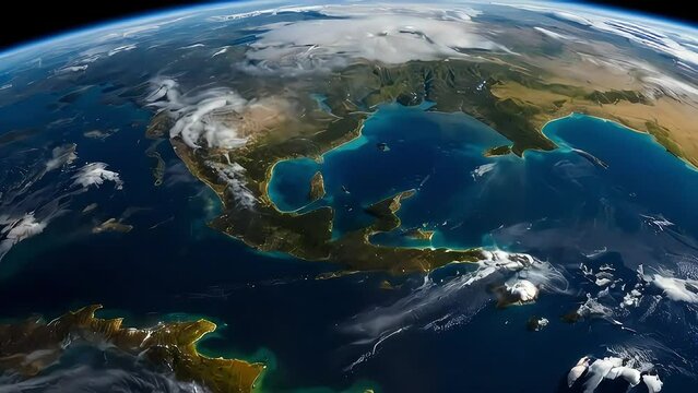 Aerial view of planet earth from space. Above the North America continent view. Oceans lands clouds
