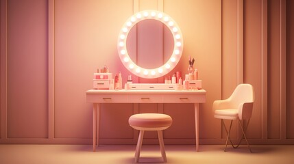 Brightly lit makeup vanity with a clean mirror, perfect for beauty tutorials or cosmetic product launches