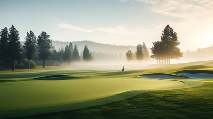 Early morning golf course with a dewy green and a blank leaderboard, ideal for tournament announcements or golf apparel ads