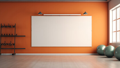 Fitness studio with a blank workout schedule board, ideal for gym advertisements or health and wellness programs