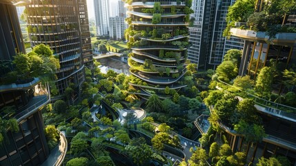 Obraz premium A futuristic cityscape filled with towering buildings, with trees emerging and growing out of the structures.