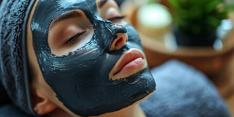 Woman is wearing a black charcoal mud mask for facial care lying down, facial care, cleansing peeling mask at the spa	
