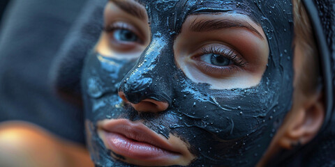 Woman is wearing a black charcoal mud mask for facial care lying down, facial care, cleansing peeling mask at the spa	
