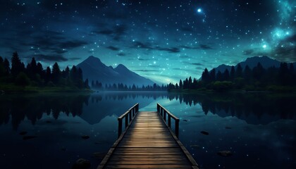 Night sky filled with stars over a tranquil lake, with a dock leading to a blank message board, ideal for philosophical quotes or stargazing event promos