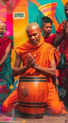 Fototapeta premium Firefighting monks meditating to control and extinguish flames with their minds, blending spirituality and service