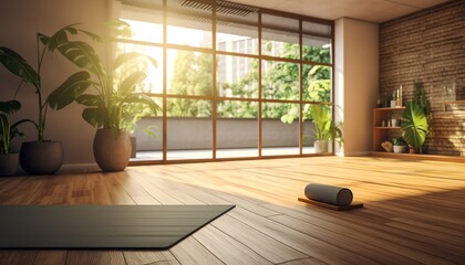 Serene yoga studio with bamboo floors, natural light, and an empty zen chalkboard, perfect for...