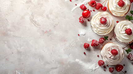 Cupcakes whipped cream raspberries light white background. Copy space