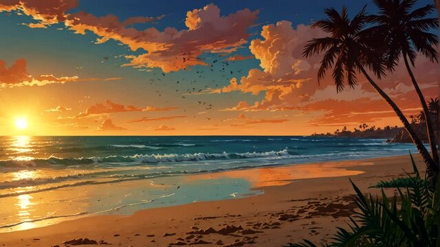 Animation Summer landscape with tropical beach at sunset  Seamless looping 4k time-lapse animation video background