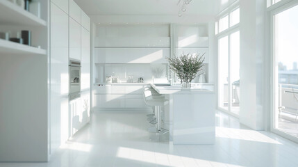 Fototapeta premium 3D Rendered Floorplan Of A White Modern Kitchen