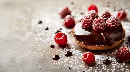 Chocolate sweet dessert raspberries powdered sugar. Light background copy space