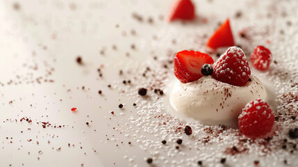 Fototapeta premium Delicious sweet dessert fresh strawberries sugar. Light background copy space