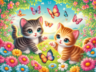 Adorable kittens playing with butterflies in a field of flowers