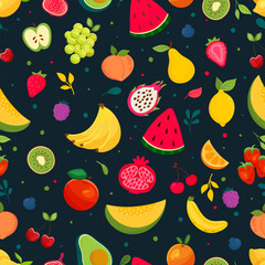 Fruits, seamless pattern, lemons, bananas, strawberries