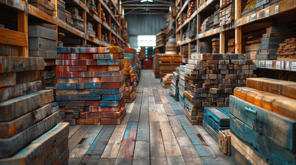 Stacks of boards and bars for sale in a construction materials store warehouse.