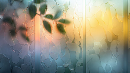 A window with a leafy patterned glass and a leafy shadow on the glass