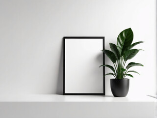 A minimalist mockup featuring a black vertical frame with a blank white card, a potted plant beside it, and the frame leaning against a white wall on the floor.