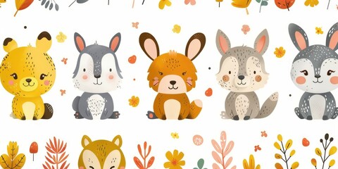 Obraz premium Cartoon animals surrounded by leaves and flowers in a playful setting