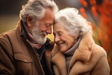 Portrait of a happy senior couple in the autumn park. Background with selective focus and copy space