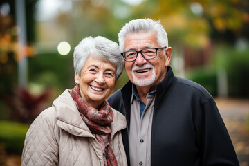 Portrait of a happy senior couple in the autumn park. Background with selective focus and copy space