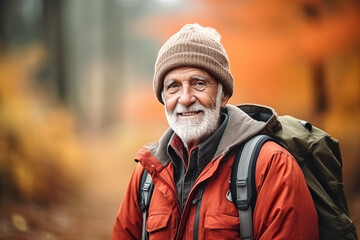 Portrait of senior man with backpack in the autumn forest. Active senior man outdoors.