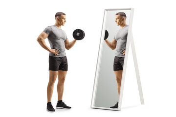 Man lifting a dumbbell and looking at a mirror