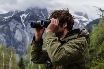 A man wearing a green jacket uses binoculars to observe distant mountains on a cloudy day, surrounded by nature.