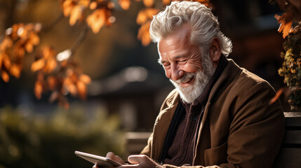 senior man using smartphone in autumn park, typing text message on smartphone