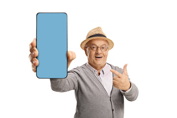 Elderly gentleman pointing at a blue screen on a smartphone