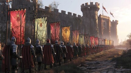 An evocative image of knights bearing colorful banners before a castle, evoking the grandeur and ceremony of medieval times, ideal for projects on historical reenactments or fantasy narratives.